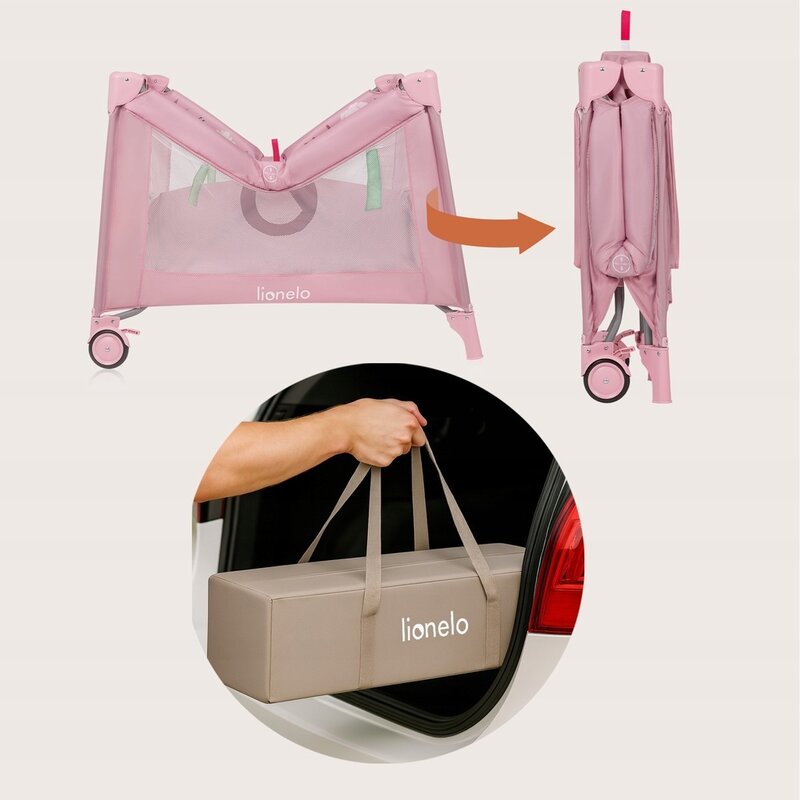 Tarc de joaca, Lionelo, Mille Plus, Pliabil, Include saltea cu densitate T25, 4 jucarii cu velcro, Manere textile, Geanta de transport, Cu roti si inchidere laterala, Pereti din plasa pentru vizibilitate si aerisire, 100 x 100 x 77 cm, Roz