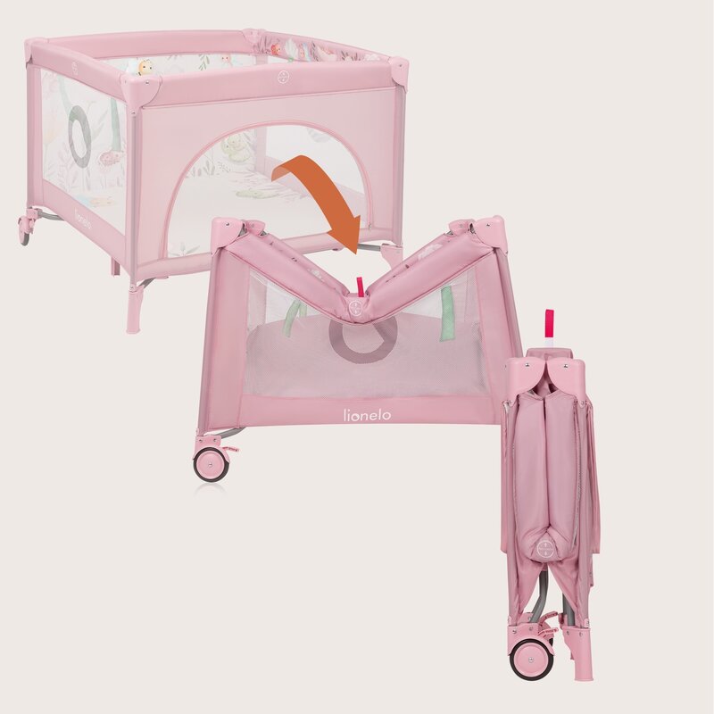 Tarc de joaca, Lionelo, Mille Plus, Pliabil, Include saltea cu densitate T25, 4 jucarii cu velcro, Manere textile, Geanta de transport, Cu roti si inchidere laterala, Pereti din plasa pentru vizibilitate si aerisire, 100 x 100 x 77 cm, Roz - gogobaby.ro