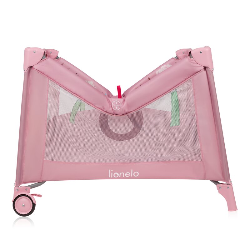 Tarc de joaca, Lionelo, Mille Plus, Pliabil, Include saltea cu densitate T25, 4 jucarii cu velcro, Manere textile, Geanta de transport, Cu roti si inchidere laterala, Pereti din plasa pentru vizibilitate si aerisire, 100 x 100 x 77 cm, Roz - gogobaby.ro