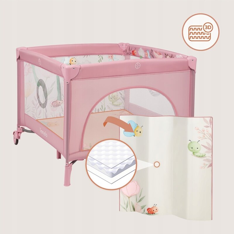 Tarc de joaca, Lionelo, Mille Plus, Pliabil, Include saltea cu densitate T25, 4 jucarii cu velcro, Manere textile, Geanta de transport, Cu roti si inchidere laterala, Pereti din plasa pentru vizibilitate si aerisire, 100 x 100 x 77 cm, Roz
