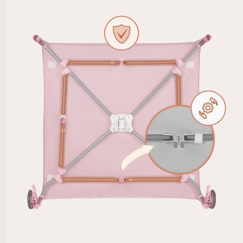 Tarc de joaca, Lionelo, Mille Plus, Pliabil, Include saltea cu densitate T25, 4 jucarii cu velcro, Manere textile, Geanta de transport, Cu roti si inchidere laterala, Pereti din plasa pentru vizibilitate si aerisire, 100 x 100 x 77 cm, Roz - gogobaby.ro