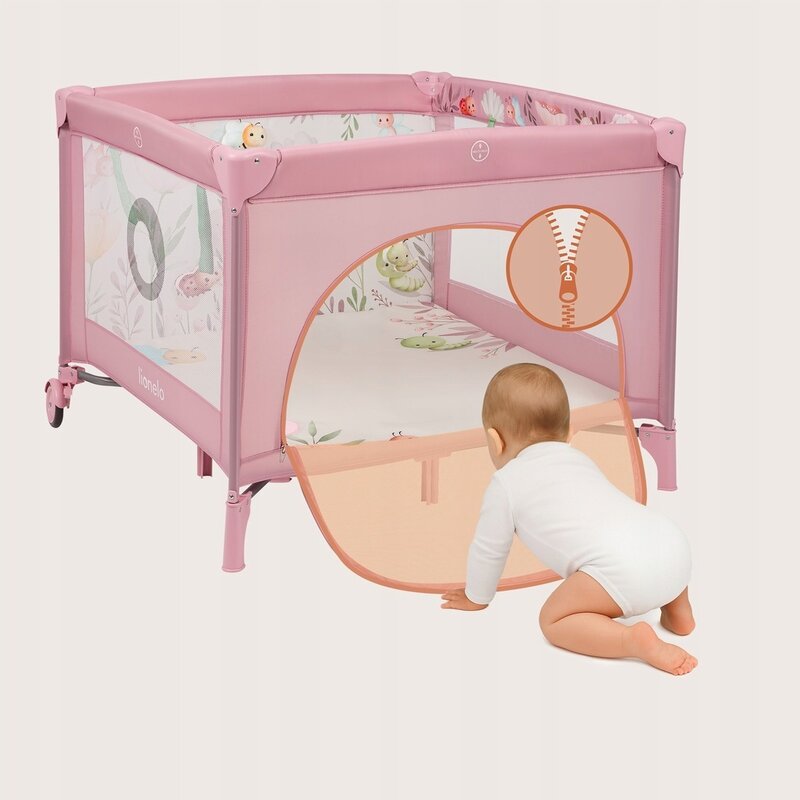 Tarc de joaca, Lionelo, Mille Plus, Pliabil, Include saltea cu densitate T25, 4 jucarii cu velcro, Manere textile, Geanta de transport, Cu roti si inchidere laterala, Pereti din plasa pentru vizibilitate si aerisire, 100 x 100 x 77 cm, Roz