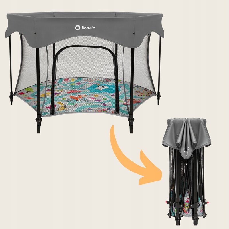 Tarc de joaca, Lionelo, Roel Plus, Pliere ultra-compacta, Sistem LockGuard impotriva plierii accidentale, Geanta de transport inclusa, Conform cu EN 12227:2010, 134x134x74 cm, 6 luni+, Multicolor - gogobaby.ro