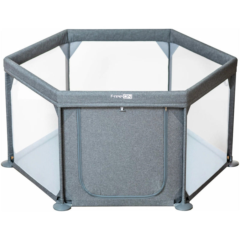 Tarc de joaca, FreeON, Hexagonal, Pentru bebe, Cu 4 manere, Intrare cu fermoar, Cu geanta de transport, 117 x 67 x 67 cm, Conform cu standardul european de securitate EN 12227:2010, Grey - gogobaby.ro