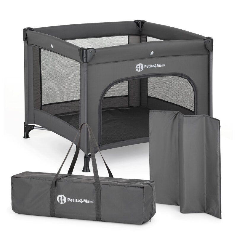 Tarc pliant, Petite&Mars, Nook, 90 x 90 cm, Pliere compacta, Include geanta de transport, Intrare laterala, Pereti din plasa, Structura stabila, Pana la 15 kg, 0 luni+, Gri