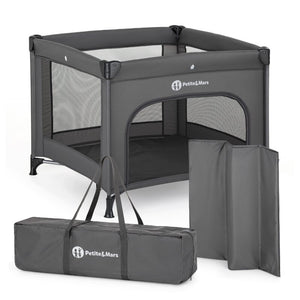 Tarc pliant, Petite&Mars, Nook, 90 x 90 cm, Pliere compacta, Include geanta de transport, Intrare laterala, Pereti din plasa, Structura stabila, Pana la 15 kg, 0 luni+, Gri