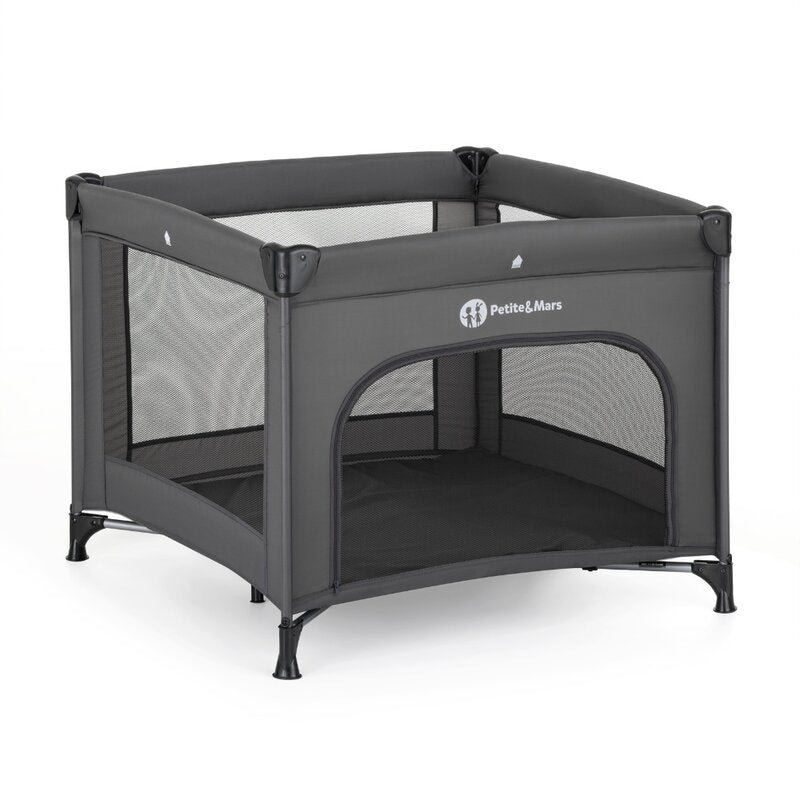 Tarc pliant, Petite&Mars, Nook, 90 x 90 cm, Pliere compacta, Include geanta de transport, Intrare laterala, Pereti din plasa, Structura stabila, Pana la 15 kg, 0 luni+, Gri