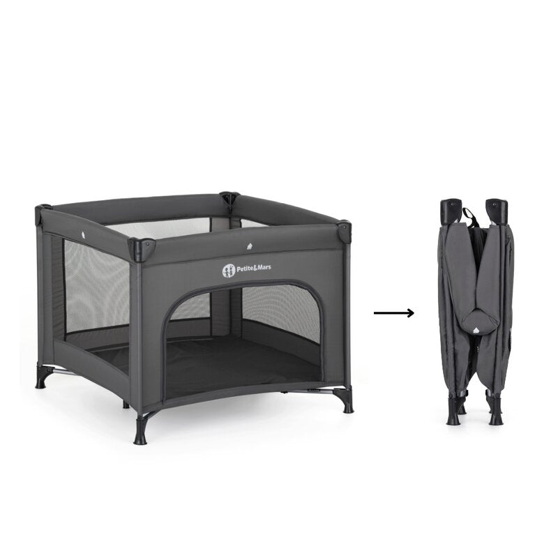 Tarc pliant, Petite&Mars, Nook, 90 x 90 cm, Pliere compacta, Include geanta de transport, Intrare laterala, Pereti din plasa, Structura stabila, Pana la 15 kg, 0 luni+, Gri