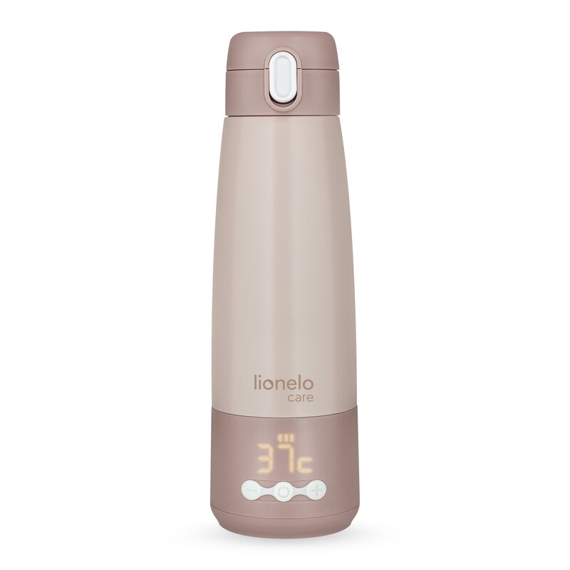 Termos inteligent cu incalzire, Lionelo, ThermUp Bottle, Incalzeste in 3.5 min, Mentine temperatura pana la 20 h, Constructie vidata cu 5 straturi, Capacitate 350 ml, USB-C, 5 setari de temperatura: 37-55°C, Roz nude