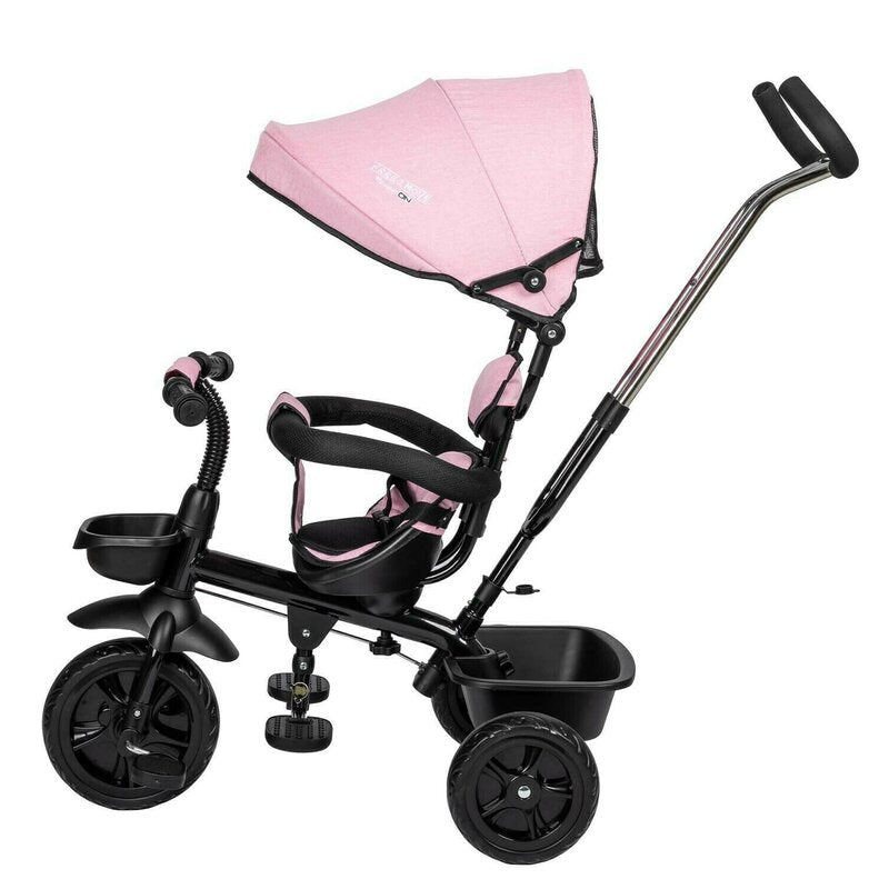 Tricicleta copii, Free2Move, cu sezut rotativ 360 grade, Reglabil, Roti EVA, Mecanism de pedalare libera, Suport picioare, Pink Black, Resigilat