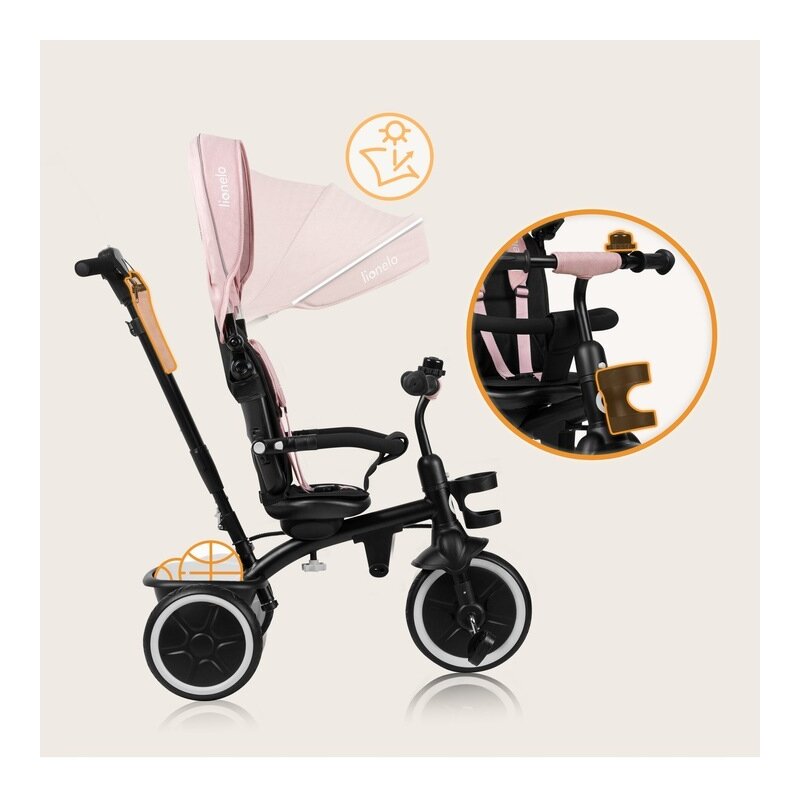 Tricicleta copii, Lionelo, Berry, 2 in 1, Multifunctionala, Suport picioare, Control al directiei, Scaun reversibil, Rotire 360 grade, Functie de roata libera, Utilizare pana la 5 ani, Constructie din otel, Conform cu standardul EN71, Roz - gogobaby.ro