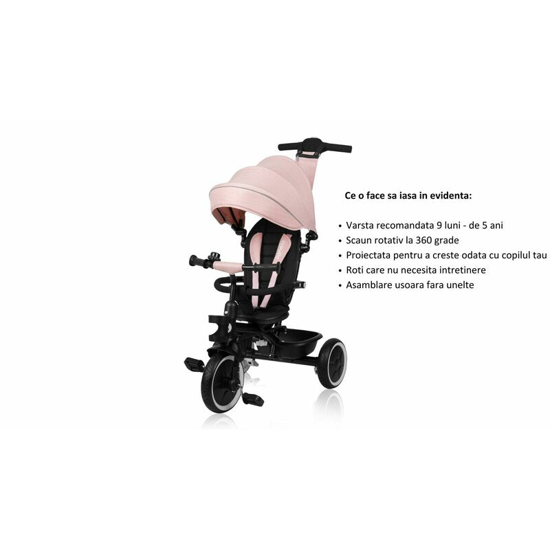 Tricicleta copii, Lionelo, Berry, 2 in 1, Multifunctionala, Suport picioare, Control al directiei, Scaun reversibil, Rotire 360 grade, Functie de roata libera, Utilizare pana la 5 ani, Constructie din otel, Conform cu standardul EN71, Roz - gogobaby.ro