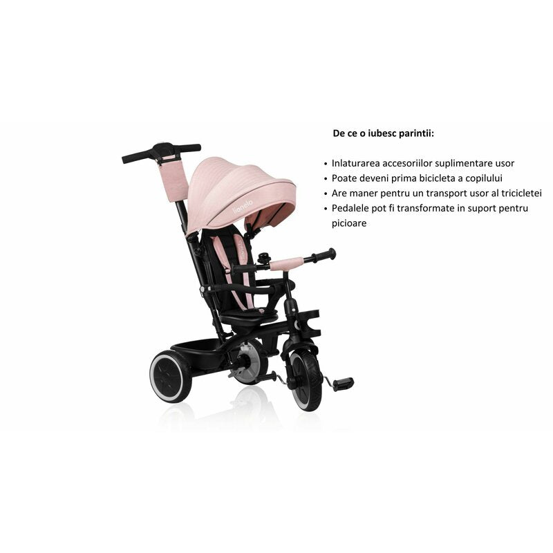 Tricicleta copii, Lionelo, Berry, 2 in 1, Multifunctionala, Suport picioare, Control al directiei, Scaun reversibil, Rotire 360 grade, Functie de roata libera, Utilizare pana la 5 ani, Constructie din otel, Conform cu standardul EN71, Roz - gogobaby.ro