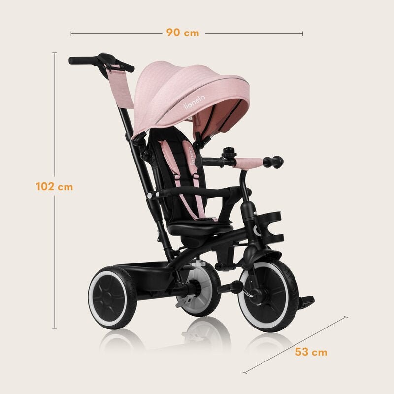Tricicleta copii, Lionelo, Berry, 2 in 1, Multifunctionala, Suport picioare, Control al directiei, Scaun reversibil, Rotire 360 grade, Functie de roata libera, Utilizare pana la 5 ani, Constructie din otel, Conform cu standardul EN71, Roz - gogobaby.ro