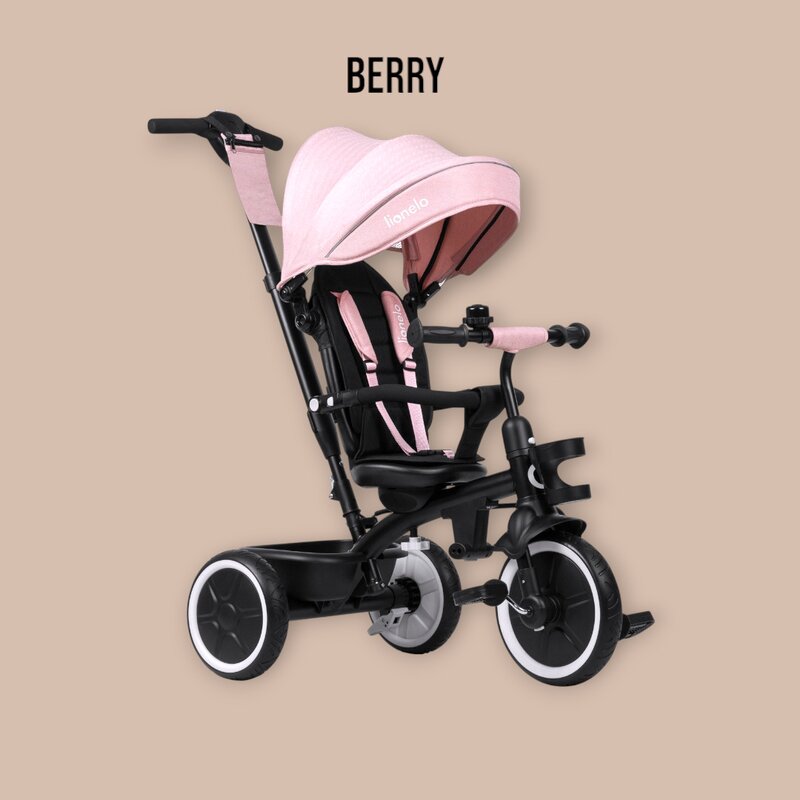 Tricicleta copii, Lionelo, Berry, 2 in 1, Multifunctionala, Suport picioare, Control al directiei, Scaun reversibil, Rotire 360 grade, Functie de roata libera, Utilizare pana la 5 ani, Constructie din otel, Conform cu standardul EN71, Roz - gogobaby.ro