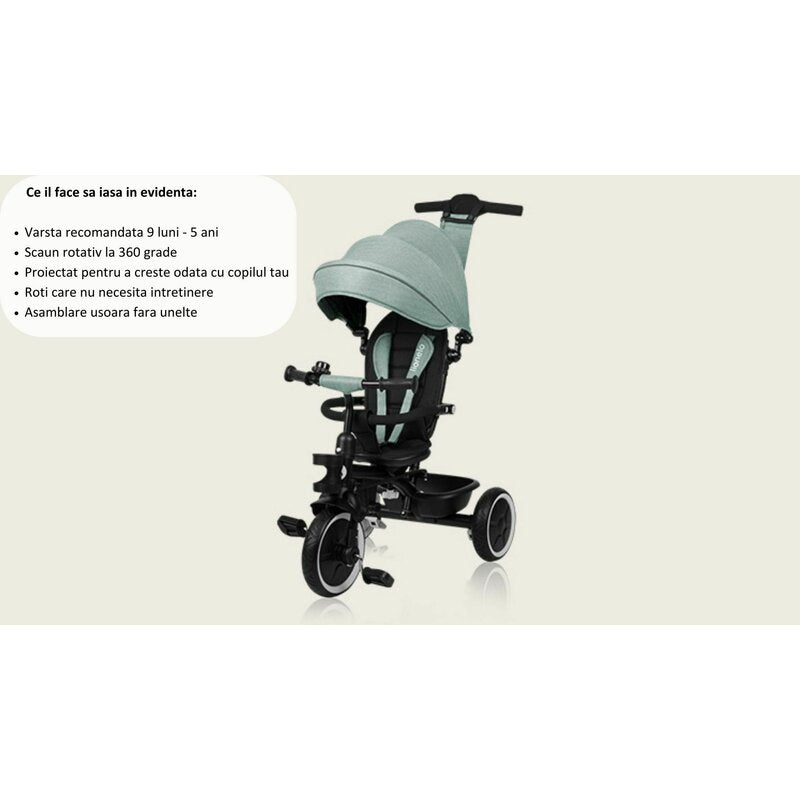Tricicleta copii, Lionelo, Berry, 2 in 1, Multifunctionala, Suport picioare, Control al directiei, Scaun reversibil, Rotire 360 grade, Functie de roata libera, Utilizare pana la 5 ani, Constructie din otel, Conform cu standardul EN71, Verde - gogobaby.ro