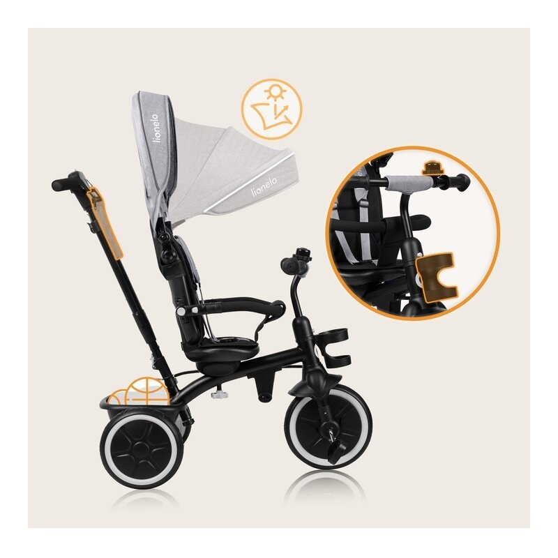 Tricicleta copii, Lionelo, Berry, 2 in 1, Multifunctionala, Suport picioare, Control al directiei, Scaun reversibil, Rotire 360 grade, Functie de roata libera, Utilizare pana la 5 ani, Constructie din otel, Conform cu standardul EN71, Gri