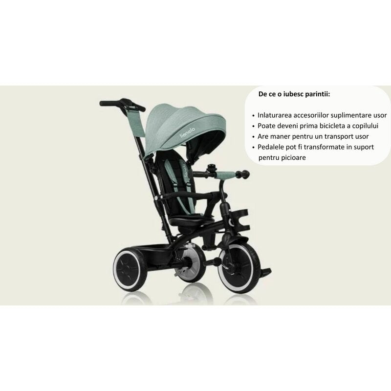 Tricicleta copii, Lionelo, Berry, 2 in 1, Multifunctionala, Suport picioare, Control al directiei, Scaun reversibil, Rotire 360 grade, Functie de roata libera, Utilizare pana la 5 ani, Constructie din otel, Conform cu standardul EN71, Verde - gogobaby.ro