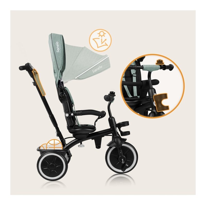 Tricicleta copii, Lionelo, Berry, 2 in 1, Multifunctionala, Suport picioare, Control al directiei, Scaun reversibil, Rotire 360 grade, Functie de roata libera, Utilizare pana la 5 ani, Constructie din otel, Conform cu standardul EN71, Verde - gogobaby.ro