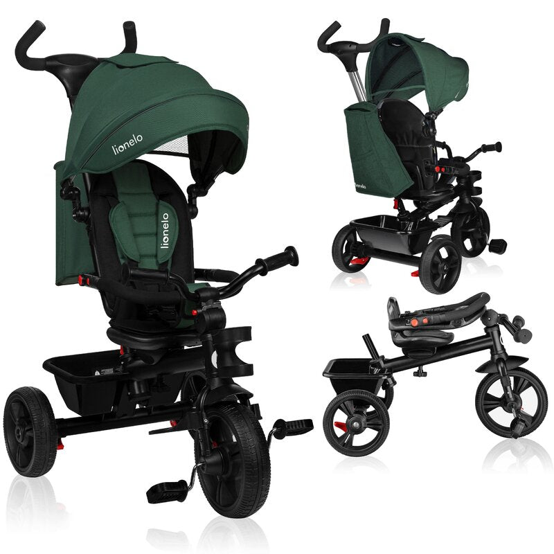 Tricicleta copii, Lionelo, Haari, Ultrapliabila, Multifunctionala, Suport picioare, Control al directiei, Scaun reversibil, Rotire 360 grade, Conform cu standardul european de securitate EN71, Verde - gogobaby.ro
