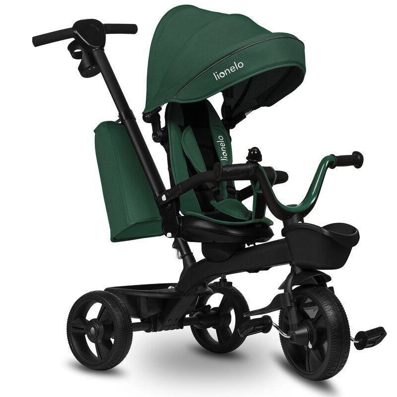 Tricicleta copii, Lionelo Kori, ultra-pliabila si multifunctionala, cu scaun rotativ 360°, control parental, suport pentru picioare si accesorii premium, Verde