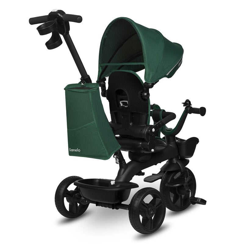 Tricicleta copii, Lionelo Kori, ultra-pliabila si multifunctionala, cu scaun rotativ 360°, control parental, suport pentru picioare si accesorii premium, Verde