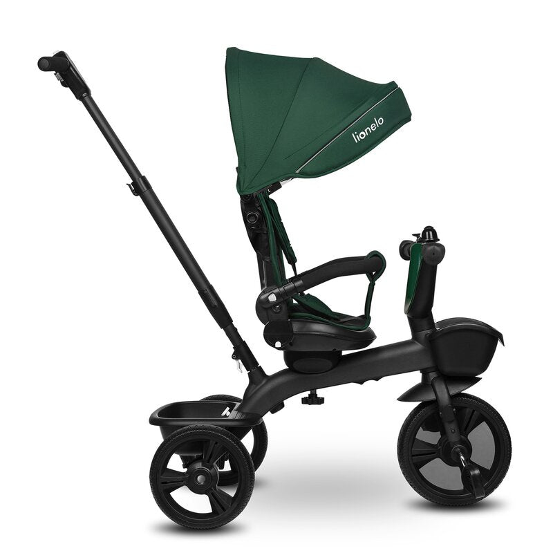 Tricicleta copii, Lionelo Kori, ultra-pliabila si multifunctionala, cu scaun rotativ 360°, control parental, suport pentru picioare si accesorii premium, Verde