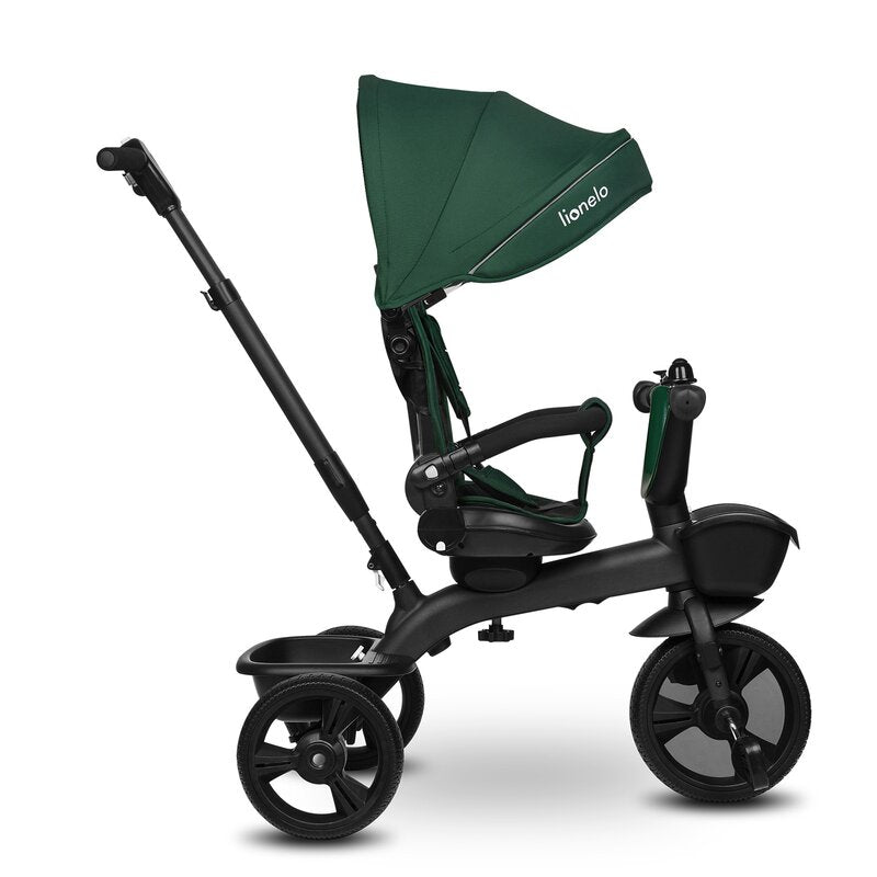 Tricicleta copii, Lionelo Kori, ultra-pliabila si multifunctionala, cu scaun rotativ 360°, control parental, suport pentru picioare si accesorii premium, Verde