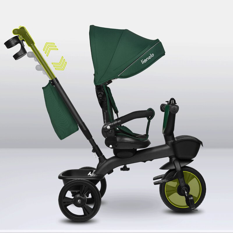 Tricicleta copii, Lionelo Kori, ultra-pliabila si multifunctionala, cu scaun rotativ 360°, control parental, suport pentru picioare si accesorii premium, Verde