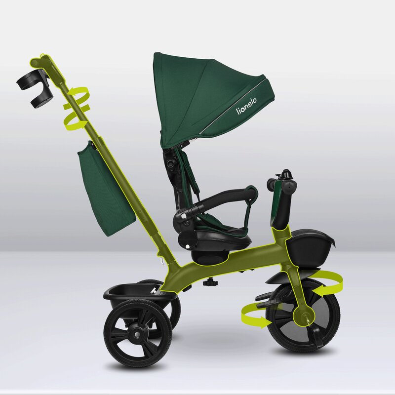 Tricicleta copii, Lionelo Kori, ultra-pliabila si multifunctionala, cu scaun rotativ 360°, control parental, suport pentru picioare si accesorii premium, Verde