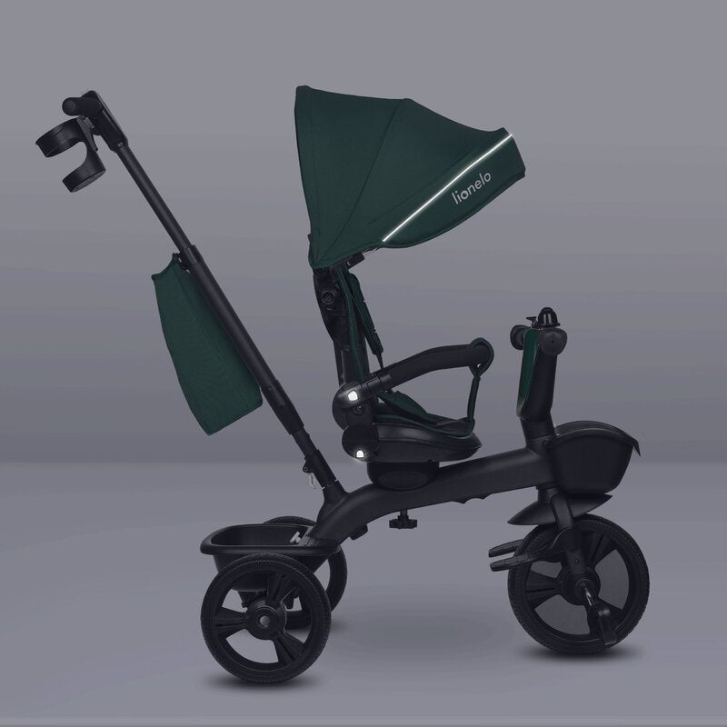 Tricicleta copii, Lionelo Kori, ultra-pliabila si multifunctionala, cu scaun rotativ 360°, control parental, suport pentru picioare si accesorii premium, Verde