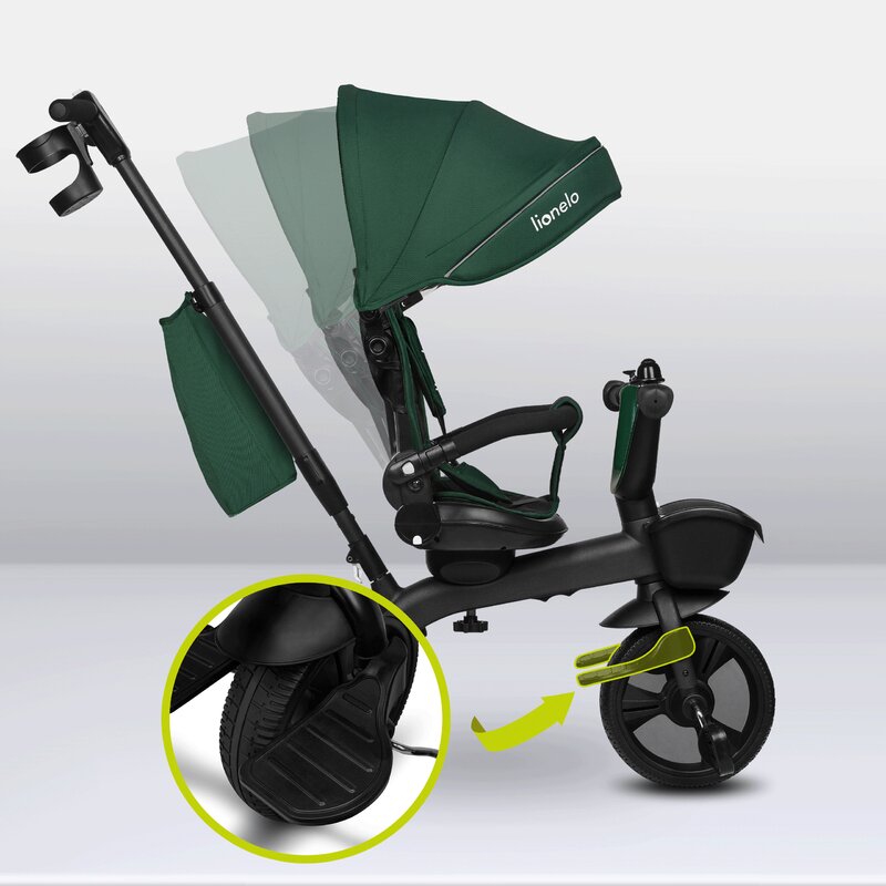 Tricicleta copii, Lionelo Kori, ultra-pliabila si multifunctionala, cu scaun rotativ 360°, control parental, suport pentru picioare si accesorii premium, Verde