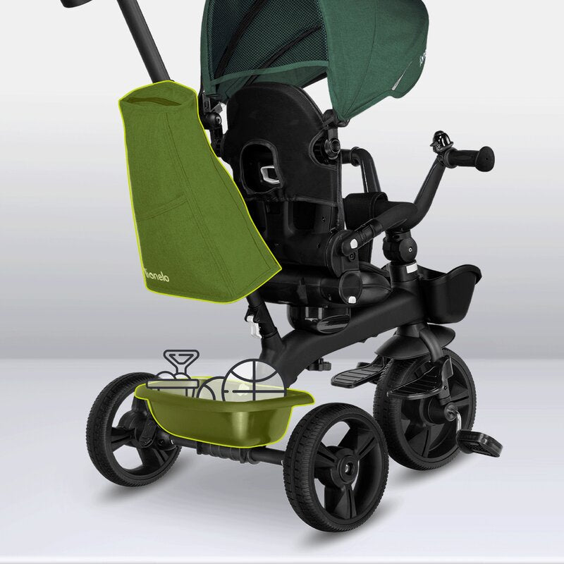 Tricicleta copii, Lionelo Kori, ultra-pliabila si multifunctionala, cu scaun rotativ 360°, control parental, suport pentru picioare si accesorii premium, Verde