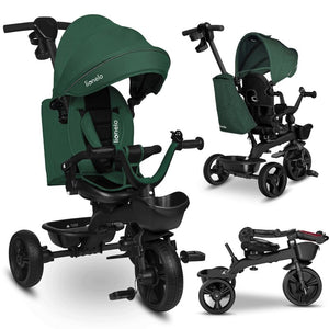 Tricicleta copii, Lionelo Kori, ultra-pliabila si multifunctionala, cu scaun rotativ 360°, control parental, suport pentru picioare si accesorii premium, Verde - gogobaby.ro