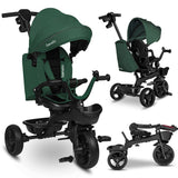 Tricicleta copii, Lionelo Kori, ultra-pliabila si multifunctionala, cu scaun rotativ 360°, control parental, suport pentru picioare si accesorii premium, Verde