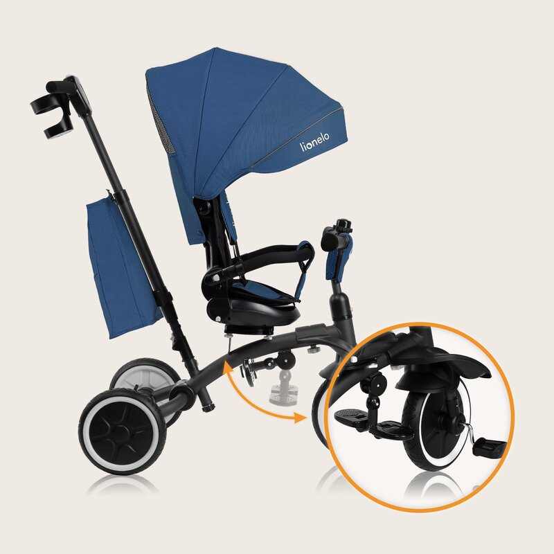 Tricicleta copii, Lionelo, Tris Plus, Ultrapliabila, Multifunctionala, Pana la 25 kg, Inclinare spatar in fata si in spate, Suport picioare, Control al directiei, Scaun reversibil, Rotire 360 grade, Conform cu EN71, 9 luni-5 ani, Albastru