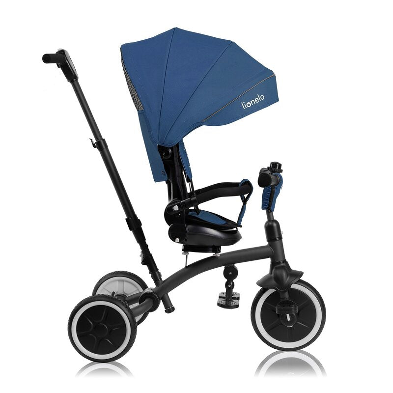 Tricicleta copii, Lionelo, Tris Plus, Ultrapliabila, Multifunctionala, Pana la 25 kg, Inclinare spatar in fata si in spate, Suport picioare, Control al directiei, Scaun reversibil, Rotire 360 grade, Conform cu EN71, 9 luni-5 ani, Albastru