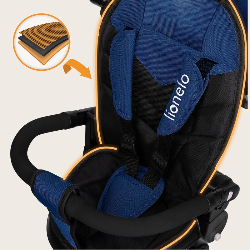 Tricicleta copii, Lionelo, Tris Plus, Ultrapliabila, Multifunctionala, Pana la 25 kg, Inclinare spatar in fata si in spate, Suport picioare, Control al directiei, Scaun reversibil, Rotire 360 grade, Conform cu EN71, 9 luni-5 ani, Albastru