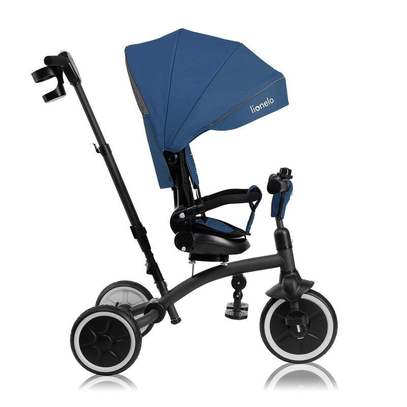 Tricicleta copii, Lionelo, Tris Plus, Ultrapliabila, Multifunctionala, Pana la 25 kg, Inclinare spatar in fata si in spate, Suport picioare, Control al directiei, Scaun reversibil, Rotire 360 grade, Conform cu EN71, 9 luni-5 ani, Albastru