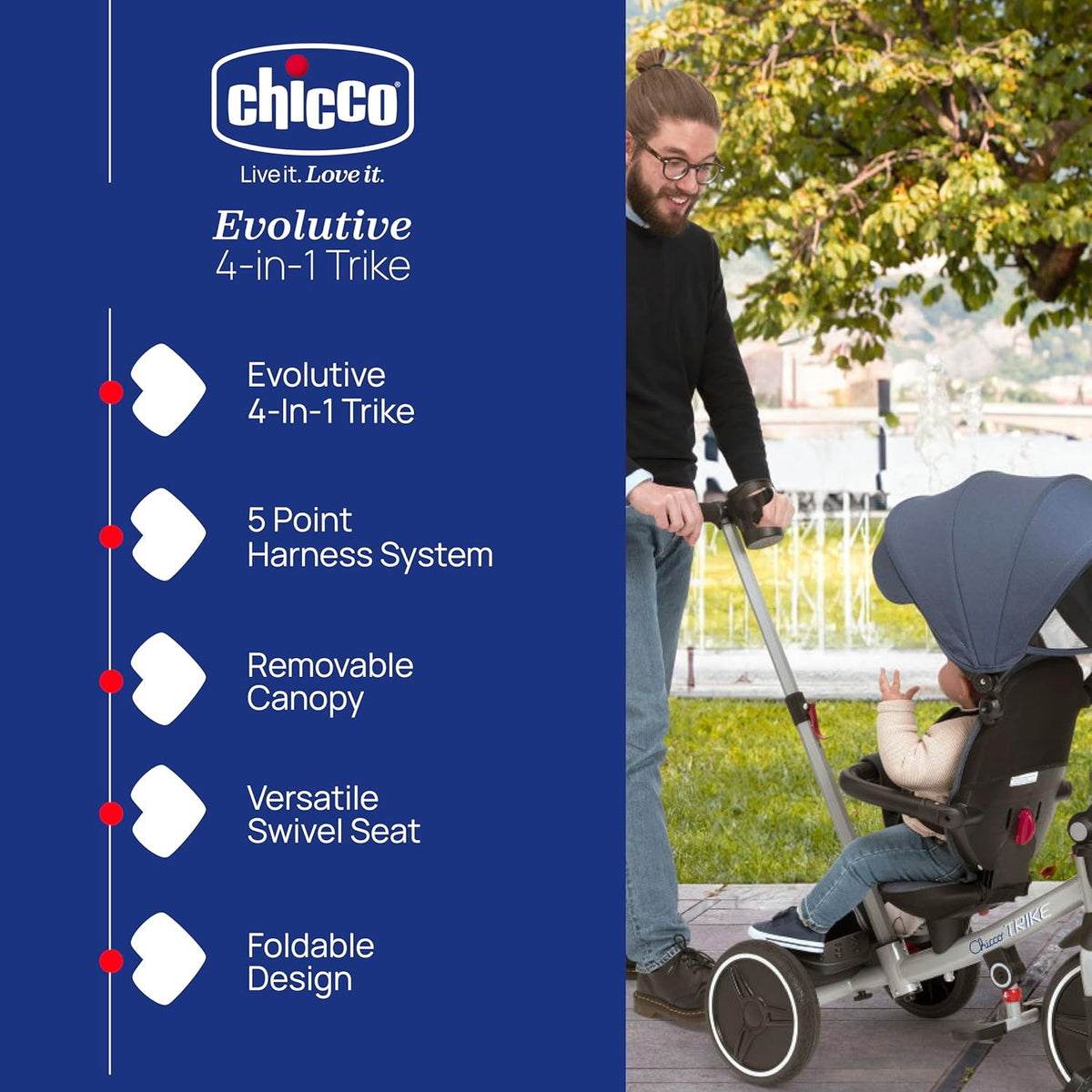 Tricicleta Evolutiva Chicco 4 in 1 cu copertina si maner, Albastra, 6 luni+