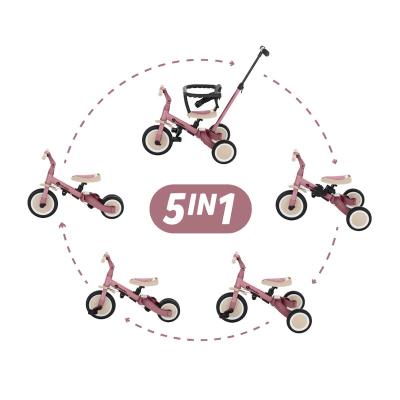 Tricicleta, Petite&Mars, Turbo, 5 in 1, Multifunctionala, Vehicul de impins, Bicicleta cu/fara pedale, Cu maner de ghidaj, Detasabil, Roti din cauciuc, Pana la 25 kg, 1.5-5 ani, Dusty Rose