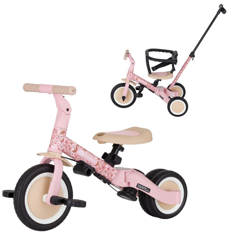 Tricicleta, Petite&Mars, Turbo, Editie limitata, 5 in 1, Multifunctionala, Vehicul de impins, Bicicleta cu/fara pedale, Cu maner de ghidaj, Detasabil, Roti din cauciuc, Pana la 25 kg, 1.5-5 ani, Rosy Wilderness