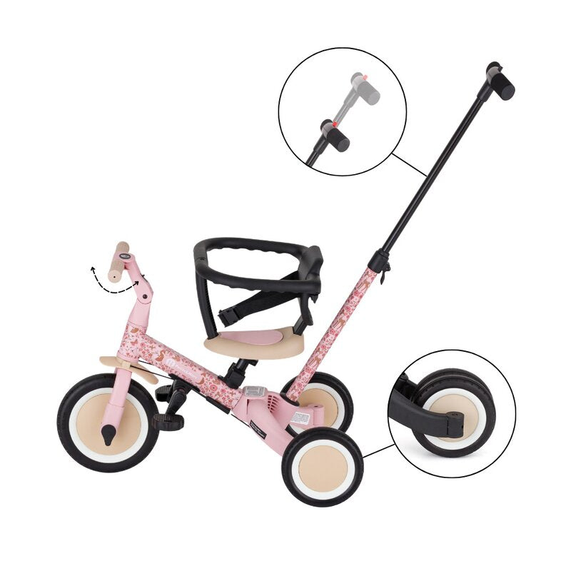 Tricicleta, Petite&Mars, Turbo, Editie limitata, 5 in 1, Multifunctionala, Vehicul de impins, Bicicleta cu/fara pedale, Cu maner de ghidaj, Detasabil, Roti din cauciuc, Pana la 25 kg, 1.5-5 ani, Rosy Wilderness