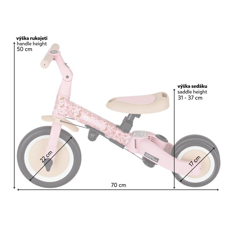 Tricicleta, Petite&Mars, Turbo, Editie limitata, 5 in 1, Multifunctionala, Vehicul de impins, Bicicleta cu/fara pedale, Cu maner de ghidaj, Detasabil, Roti din cauciuc, Pana la 25 kg, 1.5-5 ani, Rosy Wilderness