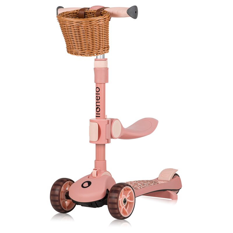 Trotineta, Lionelo, Franky, Multifunctionala, Pliabila, Pana la 50 kg, Bicicleta cu 3 roti si trotineta de echilibru, Ghidon reglabil, Sezut detasabil, Roti cu LED, Conform cu EN71, EN62115, 12 luni+, Roz - gogobaby.ro