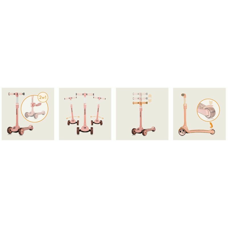 Trotineta, Lionelo, Franky, Multifunctionala, Pliabila, Pana la 50 kg, Bicicleta cu 3 roti si trotineta de echilibru, Ghidon reglabil, Sezut detasabil, Roti cu LED, Conform cu EN71, EN62115, 12 luni+, Roz