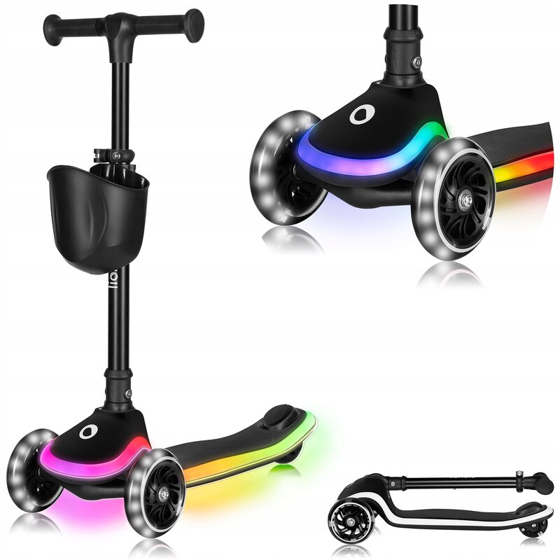Trotineta pentru copii, Lionelo, Mey, Ultrapliabila, Cu lumini si cosulet, Maner ajustabil pe inaltime, 3 ani+, Pana la 50 Kg, Ultra usor, 2.8 kg, Conform cu standardul EN71-1/2/3, Certificata Intertek, Negru