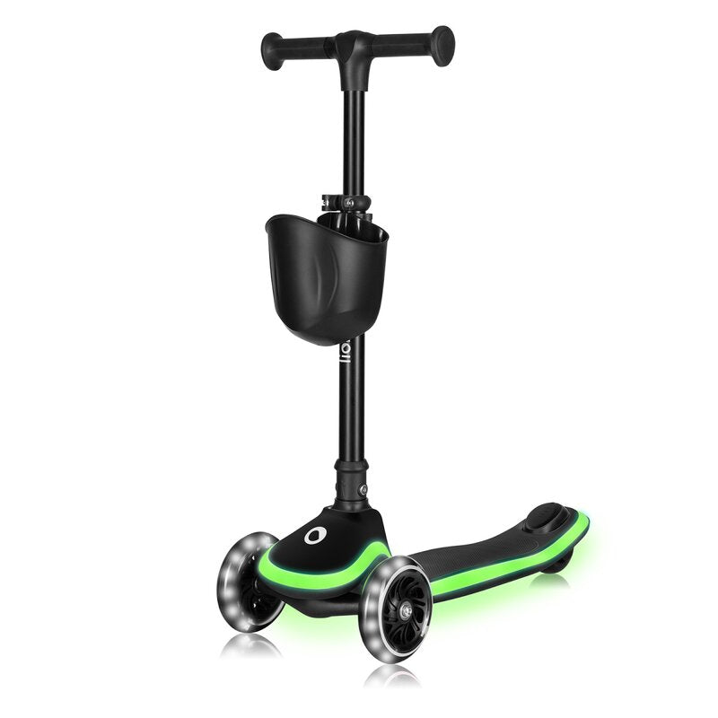 Trotineta pentru copii, Lionelo, Mey, Ultrapliabila, Cu lumini si cosulet, Maner ajustabil pe inaltime, 3 ani+, Pana la 50 Kg, Ultra usor, 2.8 kg, Conform cu standardul EN71-1/2/3, Certificata Intertek, Negru