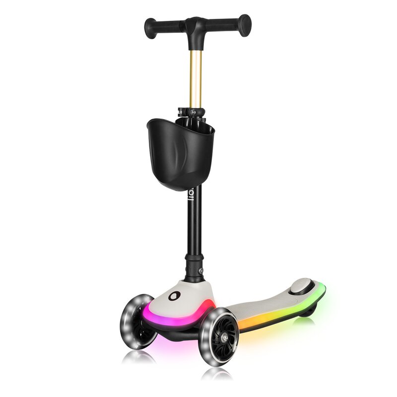 Trotineta pentru copii, Lionelo, Mey, Ultrapliabila, Cu lumini si cosulet, Maner ajustabil pe inaltime, 3 ani+, Pana la 50 Kg, Ultra usor, 2.8 kg, Conform cu standardul EN71-1/2/3, Certificata Intertek, Bej