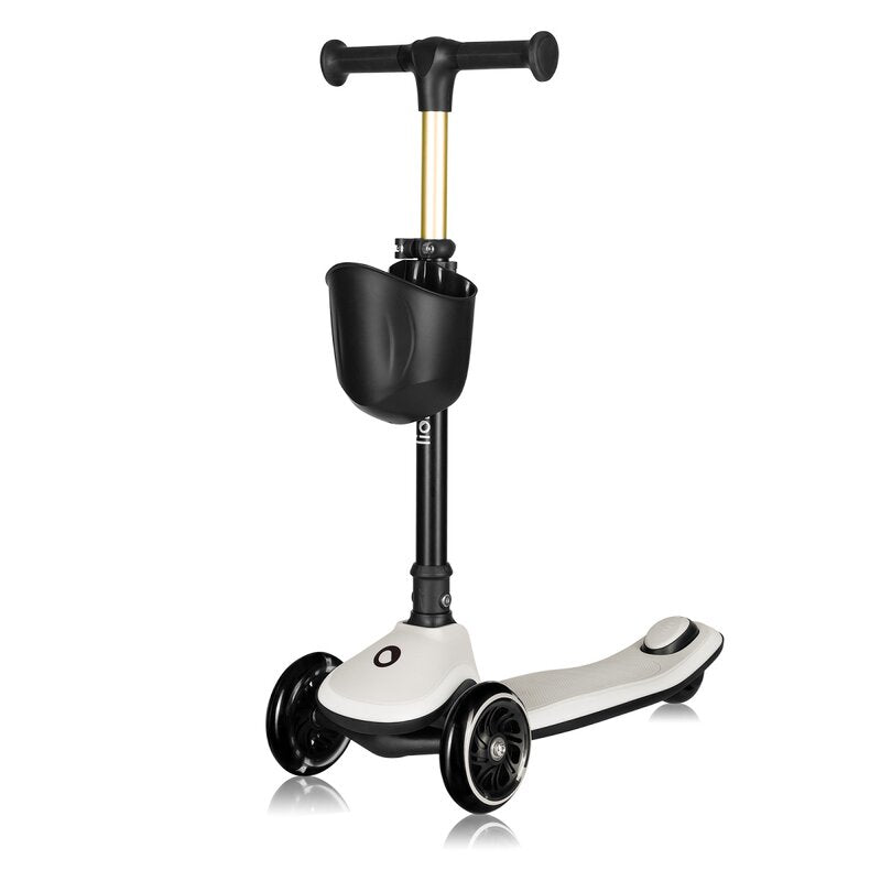 Trotineta pentru copii, Lionelo, Mey, Ultrapliabila, Cu lumini si cosulet, Maner ajustabil pe inaltime, 3 ani+, Pana la 50 Kg, Ultra usor, 2.8 kg, Conform cu standardul EN71-1/2/3, Certificata Intertek, Bej